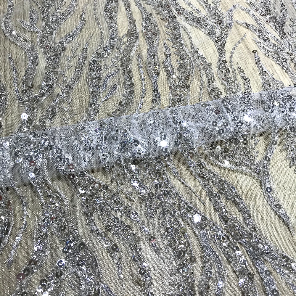 

African Net Lace White French Sequin Beads Embroidery Tulle Fabric for Sewing High Quality Glitter Mesh Dresses Material By Yard