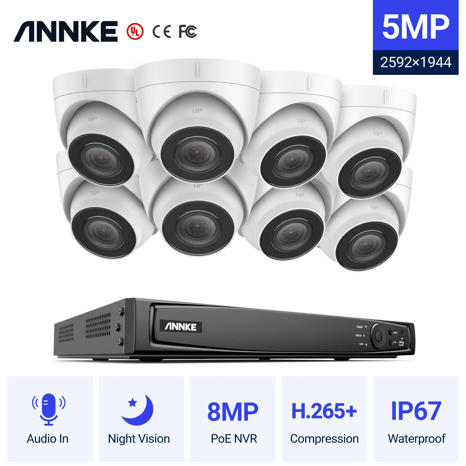 Система видеонаблюдения ANNKE 16 каналов FHD 5 Мп POE H.265 + 8 видеорегистратор с камерами