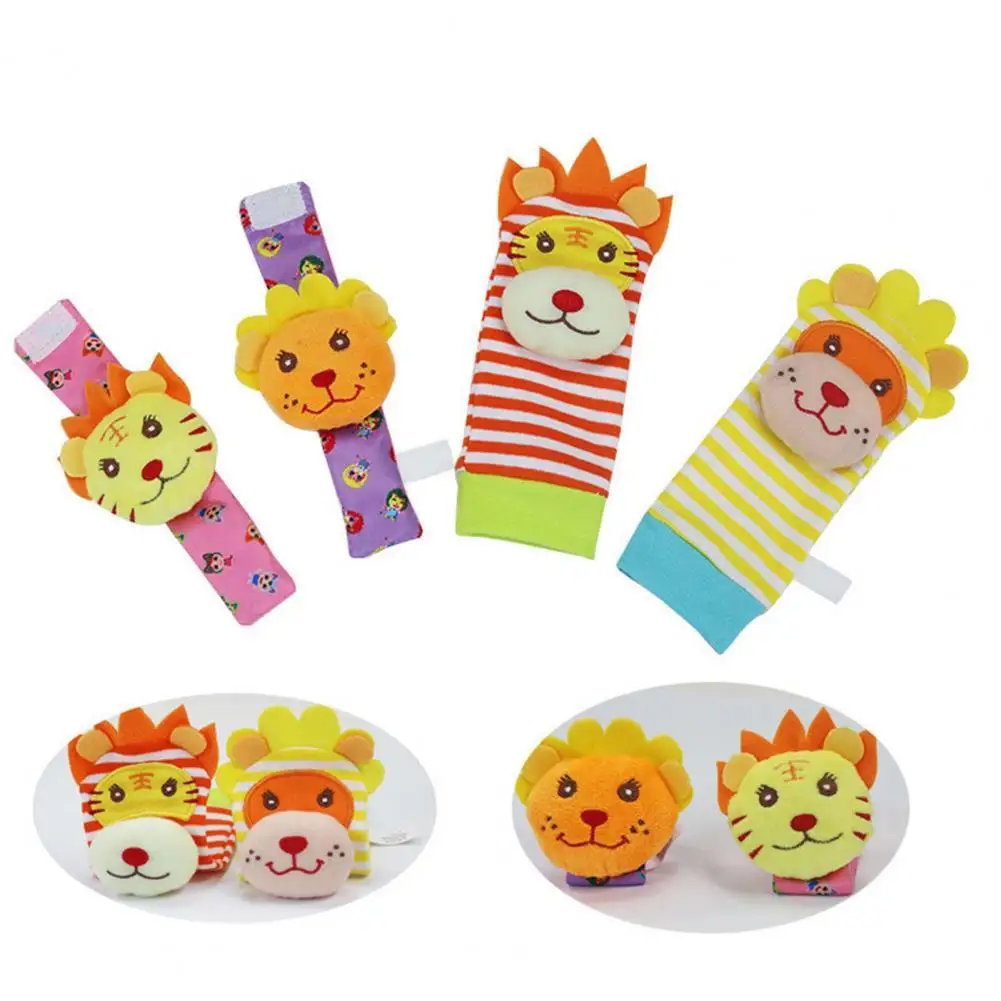 

2Pcs Animals Baby Rattles Cartoon Design Sensory Training Stuffed Rattle Sock Wristband Toys for Newborn