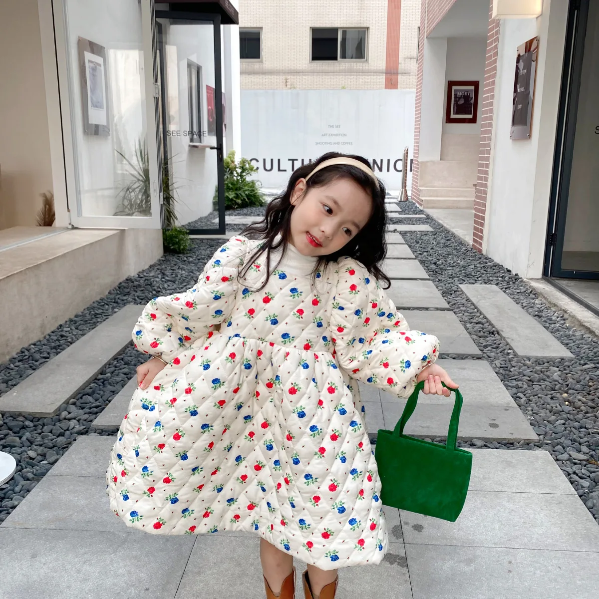 

Winter Girls floral print thicken quilted princess dresses fashion patchwork high collar warm dress clothes