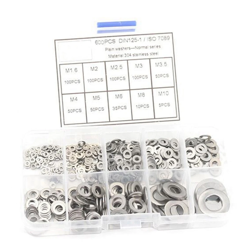 600Pcs/Set M1.6 M2 M2.5 M3 M3.5 M4 M5 M6 M8 M10 Stainless Steel Flat Washer Plain Gaskets Assortment Kit | Обустройство дома