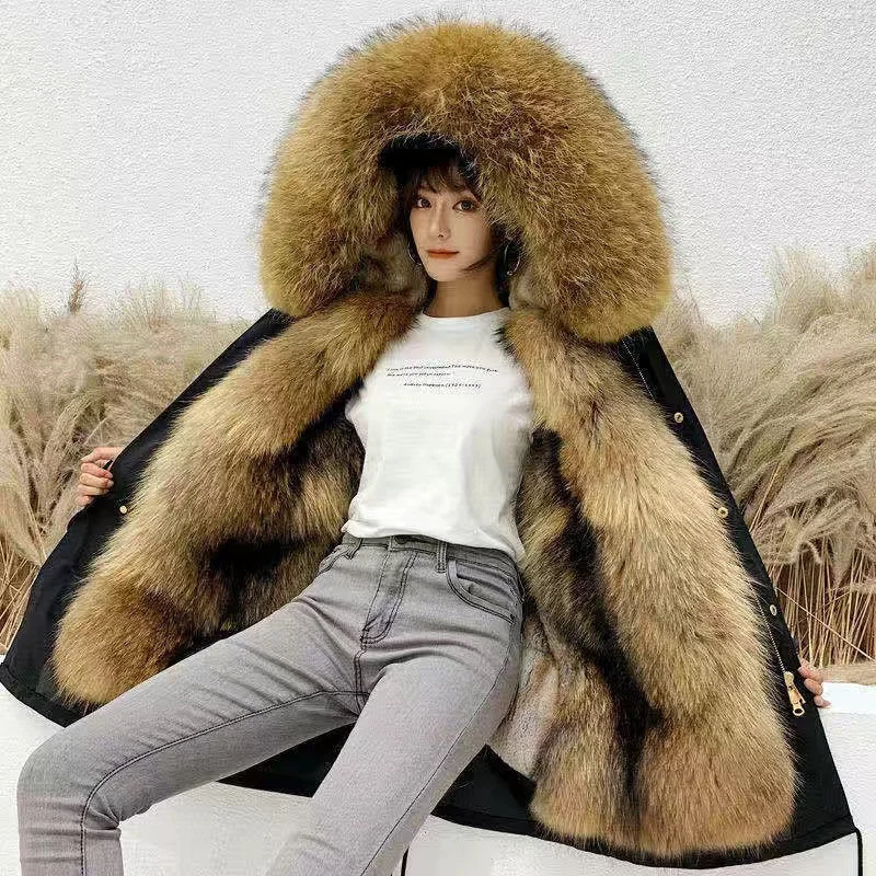 

2021 Winter Large Imitation Fur Coat Women's Pie Overcome Medium And Long Inner Liner Fur Detachable Hooded Coat Fashion Best