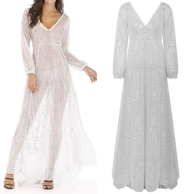 

Women Summer V-Neck Party Exquisite Elegant V-Neck Backless Sexy Charming Mesh Sequin Party Dress Eye-Catching Long Dress
