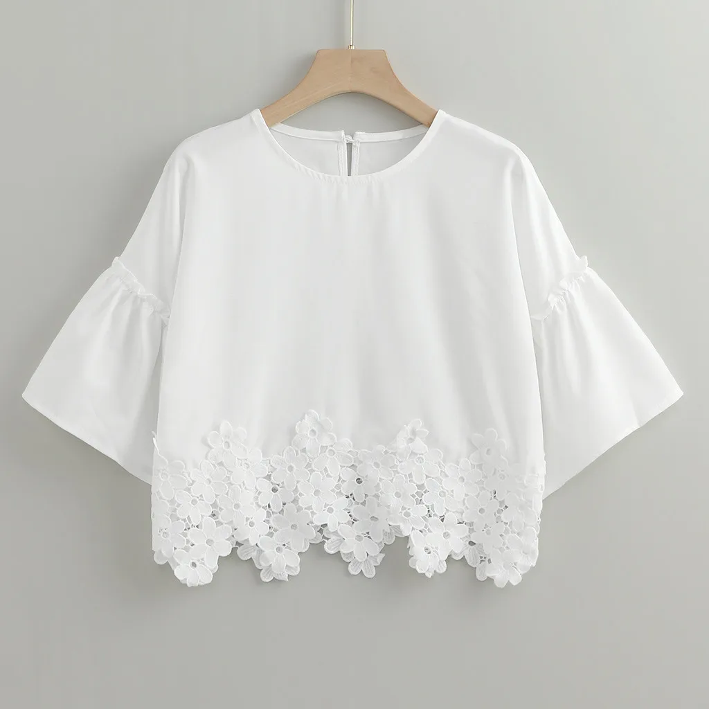 

Women Lace Flare Sleeve Shirts Blouse Round Neck Hollow Out Short Shirts Tops Loose Blusas Femininas Plus Size
