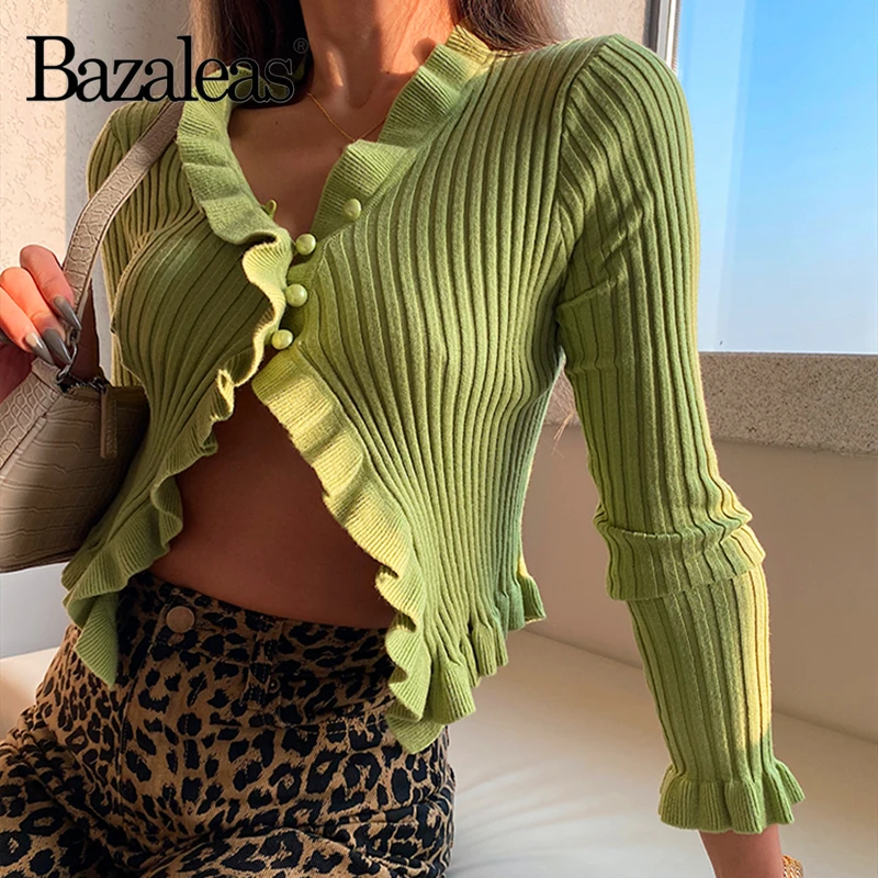 Свитер женский облегающий в стиле Харадзюку с оборками на пуговицах |