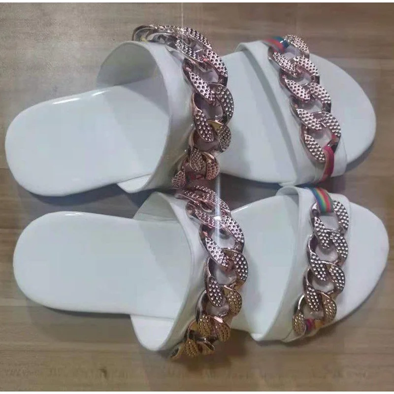 

Women Slippers 2021New Metal Chain Fashion Sandals for Woman Pu Casual Ladies Footwear New Female Flat Slides Beach Shoes
