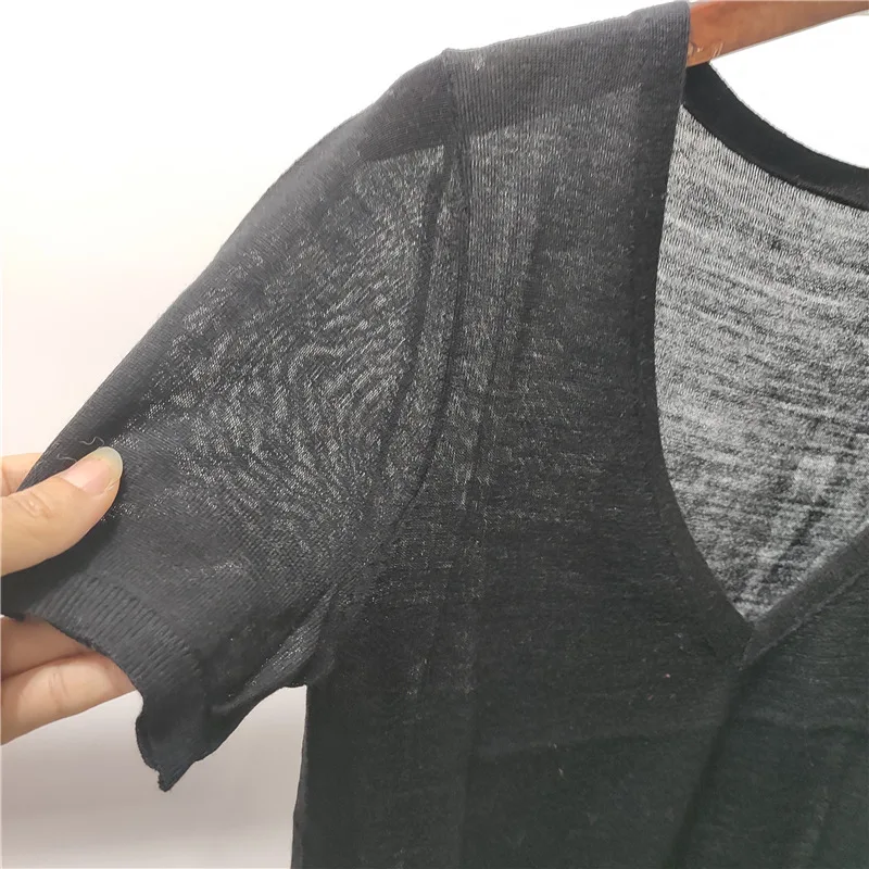 

100% Wool 2021 Summer New Deep V-neck Short-sleeved Loose Knit Pullover Thin Casual Wild Pure Color Sweater