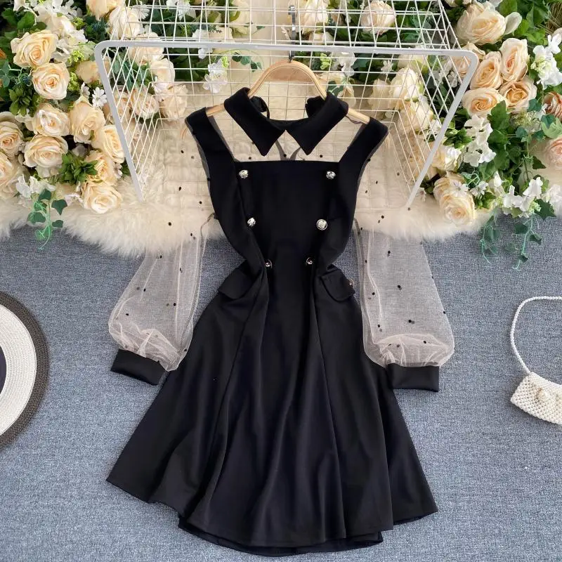 Женское двубортное платье в британском стиле весеннее черное Сетчатое