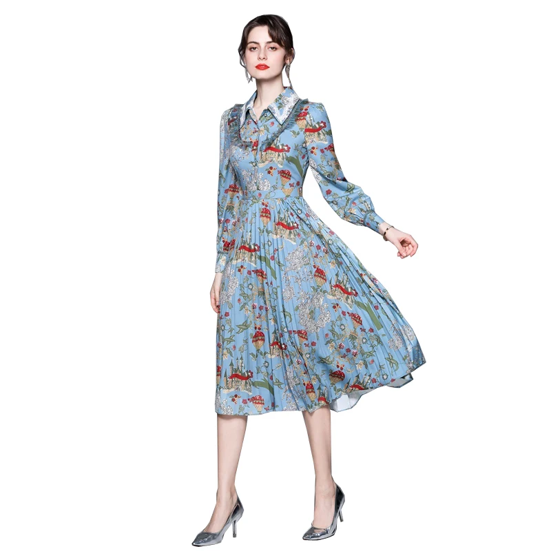 

Fall Summe Runway Designer Bow Neck Pleated Dress Women Long Sleeve Ruffles Lace Patchwork Floral Print Elegant Party Midi Dress