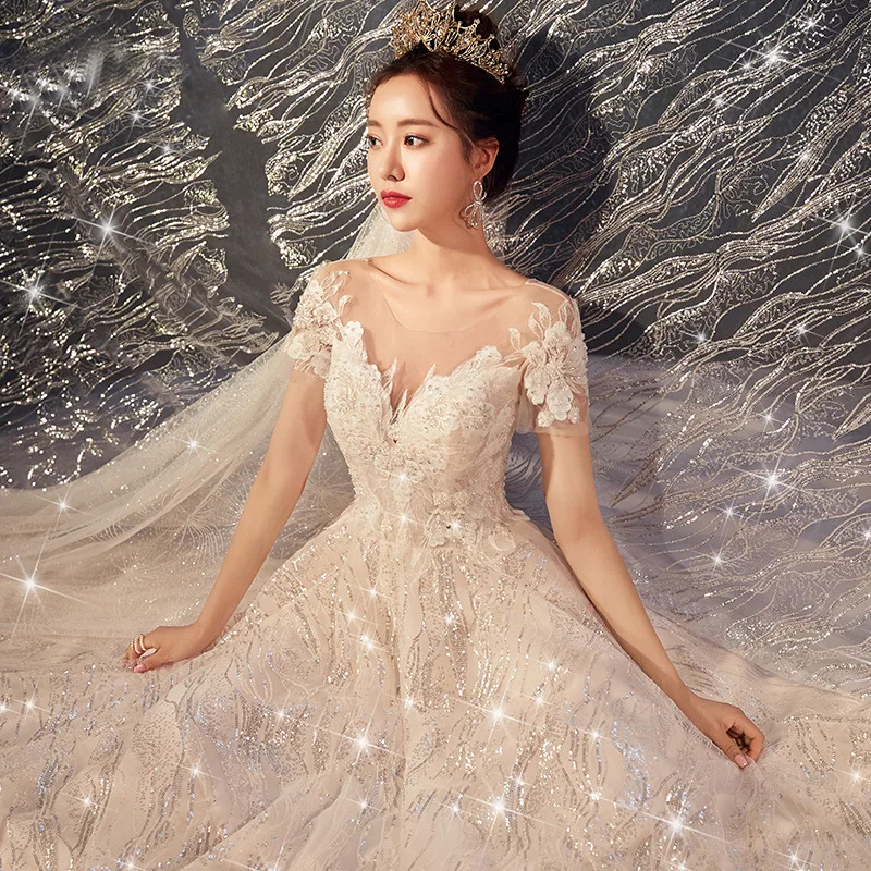 

Glitter O Neck Appliques Wedding Dress 2023 Bride Gown Bridal Court Train Short Sleeves Women Champagne Wedding Bouquet Gown New