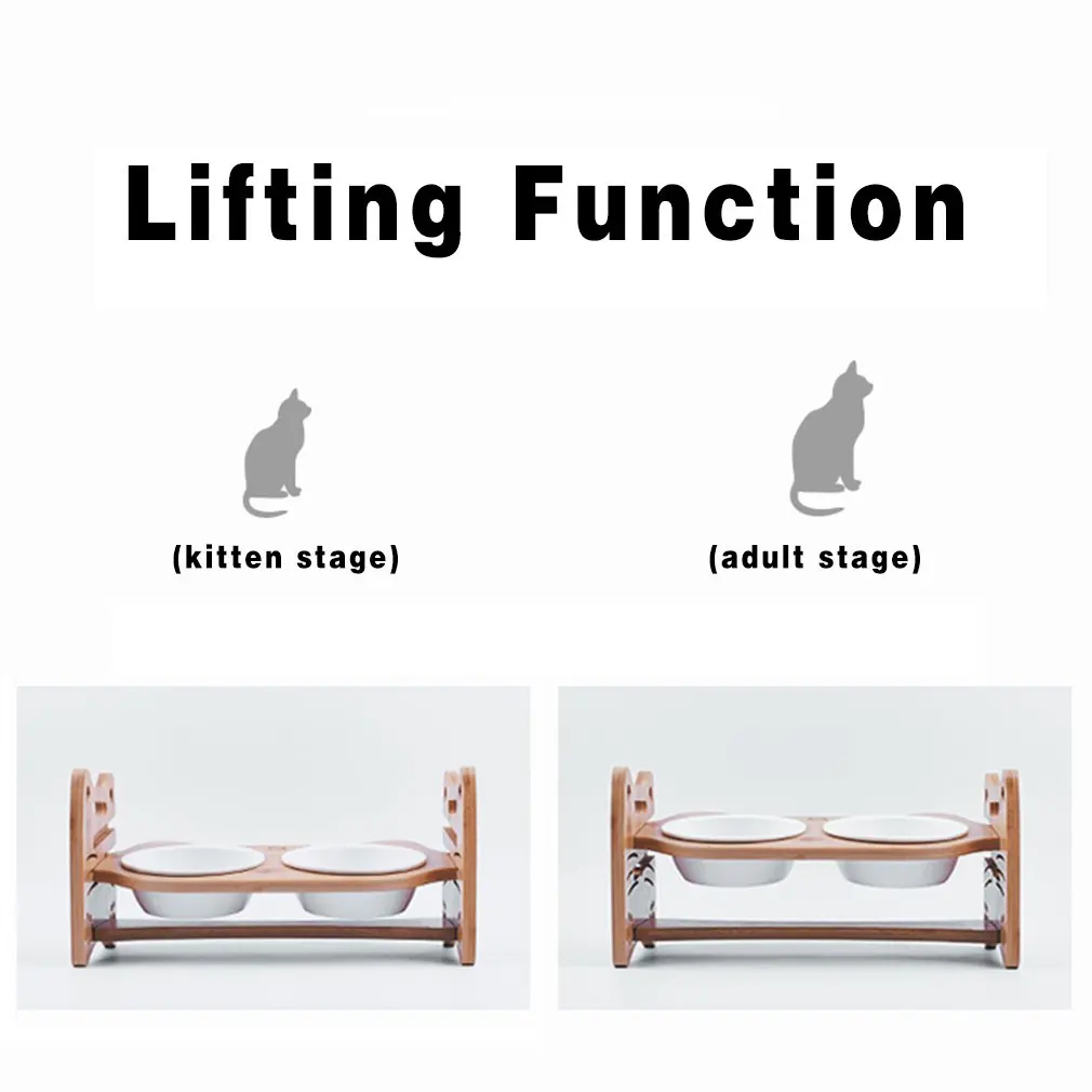 

Cute Pets Double Bowl Dog Cat Food Water Feeder Stand Raised Ceramic Dish Bowl Wooden Table Pet Supplies