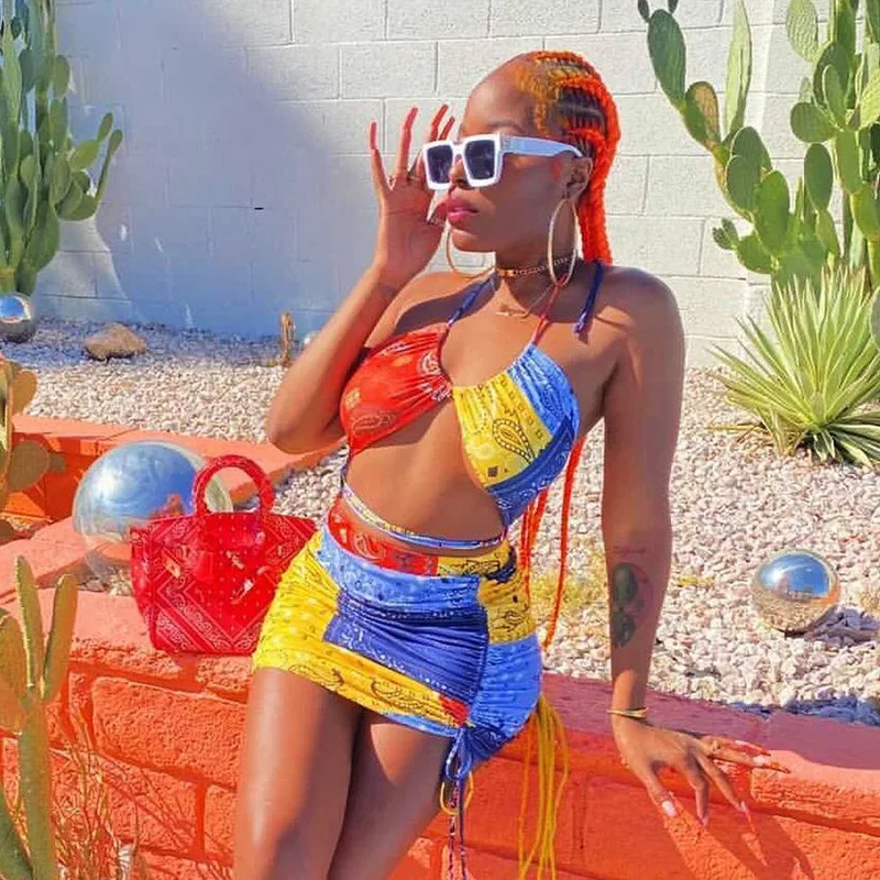 

Summer Clothing Two Piece Set Women Sexy Print Halterneck Backless Tube Top+skirt Sets Club Outfits Streetwear Wholesale Items
