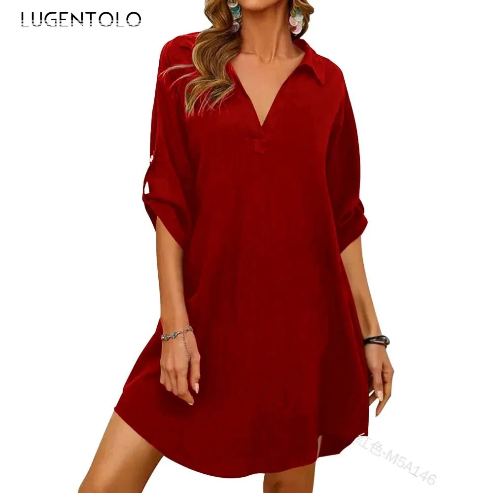 

Beach Dress Women Sexy Deep V-neck Half Sleeve Solid Loose Dresses Female Casual Big Swing Street Short Dress Luegntolo