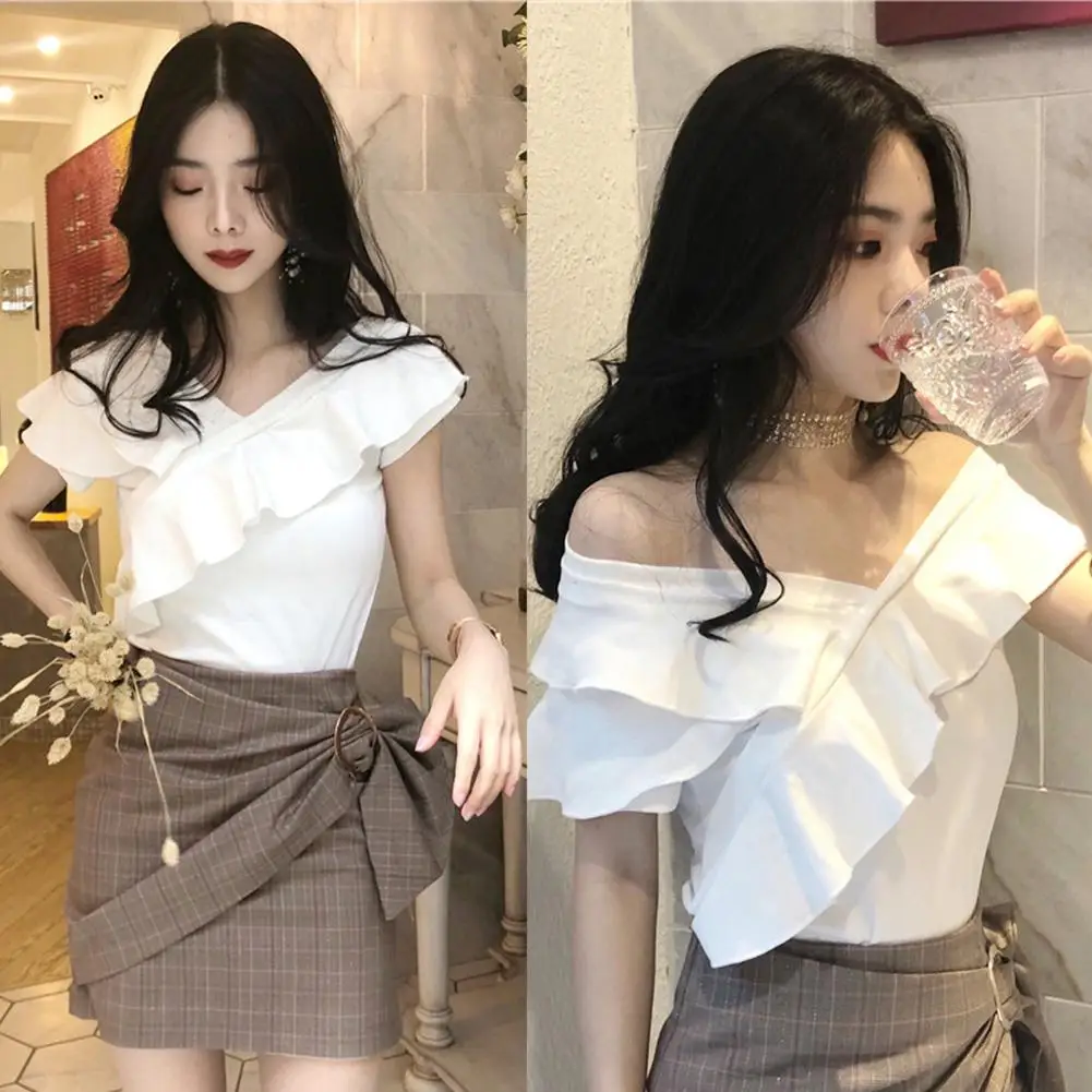 Женский однотонный топ с v образным вырезом и открытыми плечами футболка