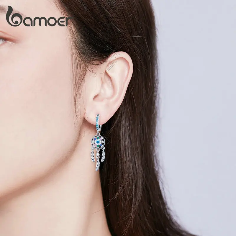 Bamoer Bohemia Ловец снов Висячие серьги для женщин Boho Стиль 925 пробы серебряные Модные Ювелирные изделия Подарки SCE713