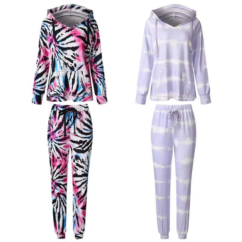 

2 Pcs/Set Women Tie Dye Printed Pajamas Suit Hooded Long Sleeve V-Neck Pullover Tops Long Pants Sleepwear Loose Home Loungewear