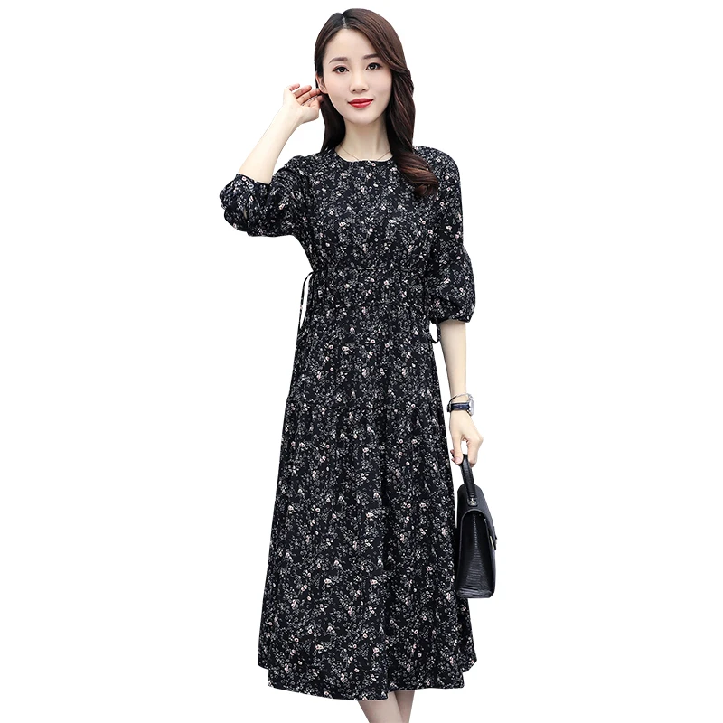 

2021 Spring Print Chiffon Long Sleeve Women Dress Autumn Vintage Black Floral Plus Size Midi Dress Elegant Bodycon Party Vestido