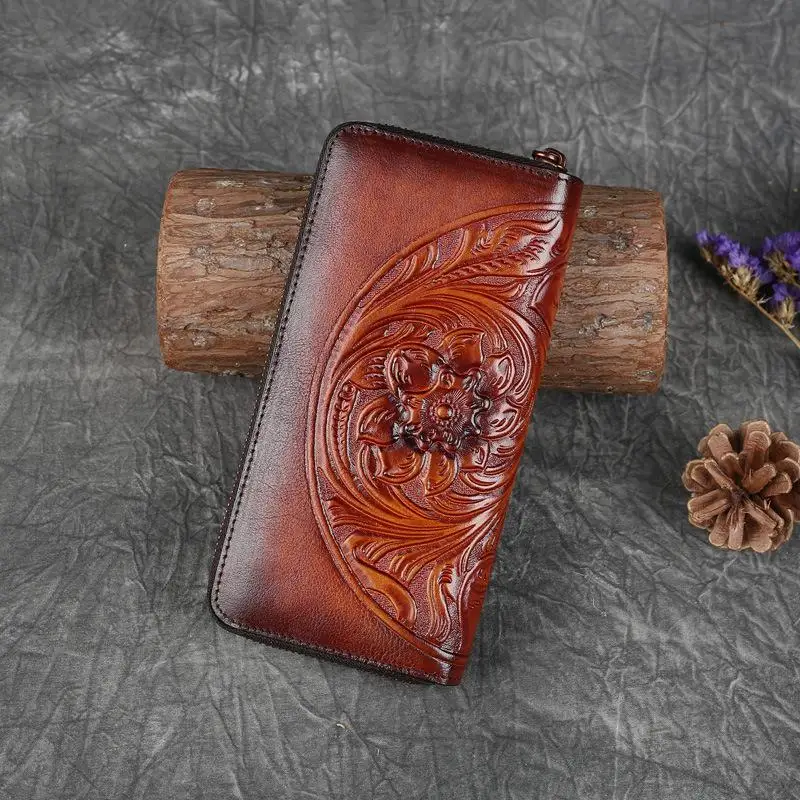 

Genuine Leather Retro Women Wallet Card Holder 2021 New Handmade Embossed Long Hand Bag Leisure Cowhide Phone Purse
