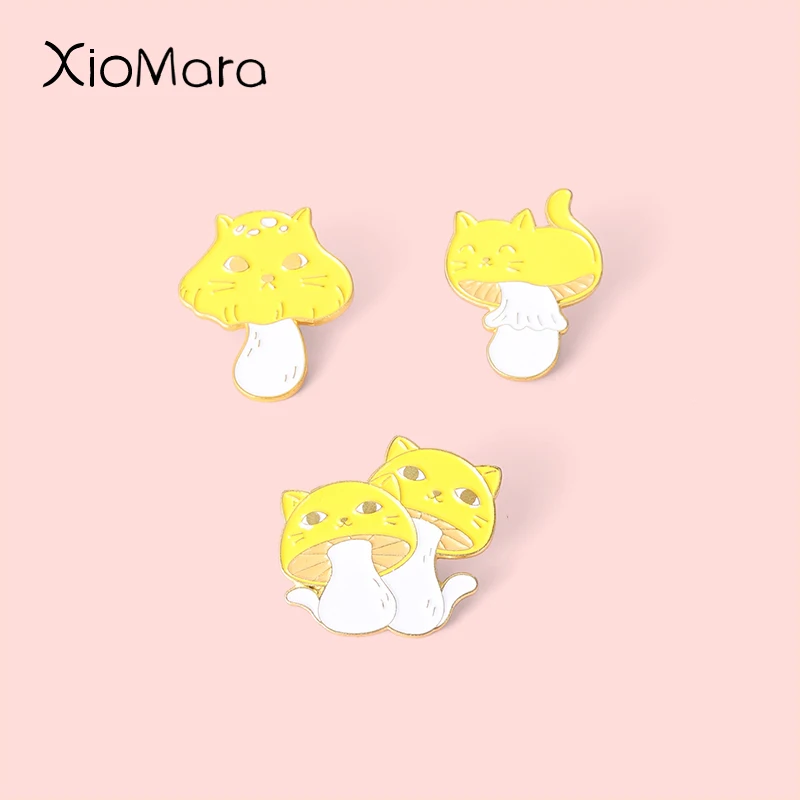 

Yellow Cat Face Mushroom Enamel Pin Lovely Magic Cat Couple Brooches Badges Backpacks Clothes Plant Badge For Women Jewelry Gift