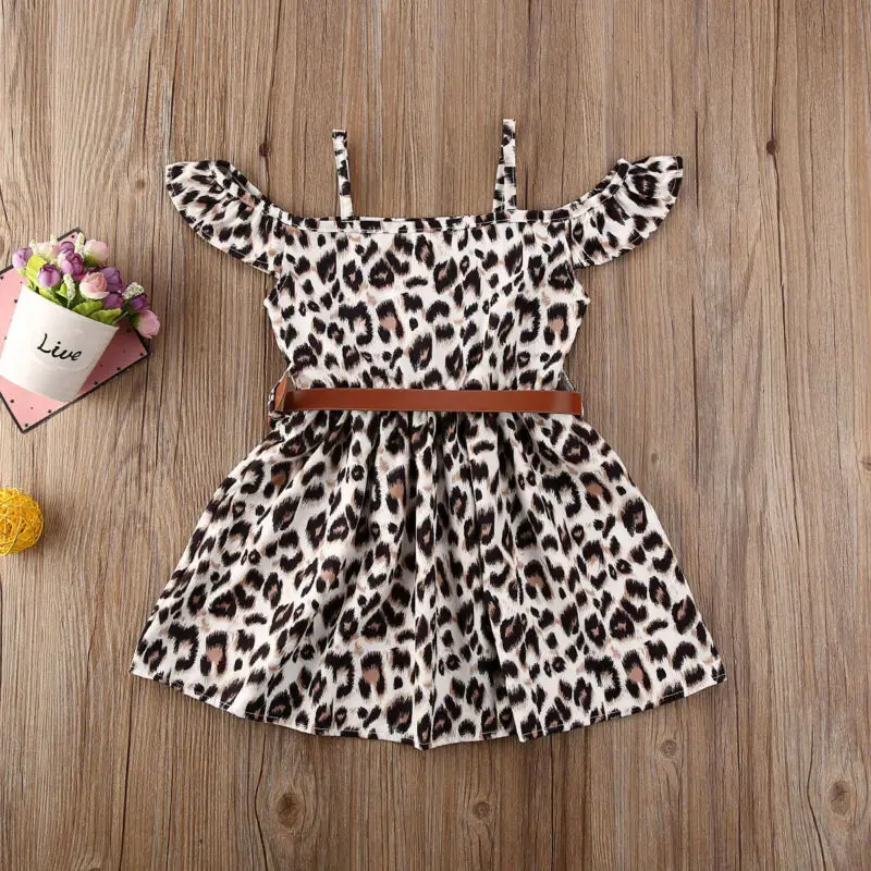 2-6Y Baby Girl Kids Leopard Print Ruffle Off Shoulder Sleeveless Casual Dress Sundress With Belt 2pcs | Детская одежда и обувь