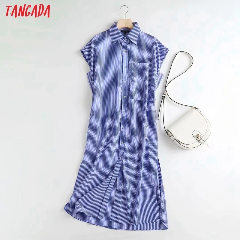 

Tangada 2021 летние женские туфли синего цвета в полоску с принтом в виде французского Стиль негабаритное платье женские Открытое платье без рук...