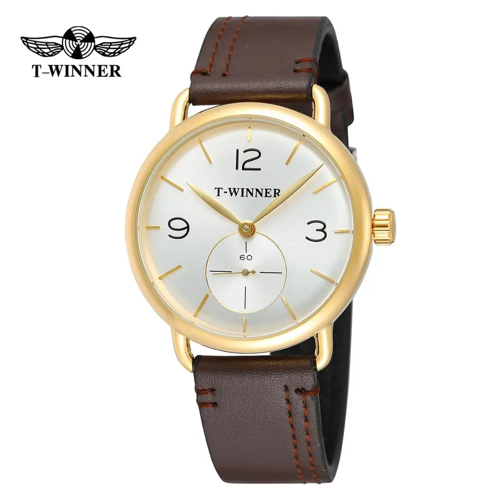 

T-WINNER Simple and stylish men's watch white dial gold case brown leather strap automatic mechanical watch