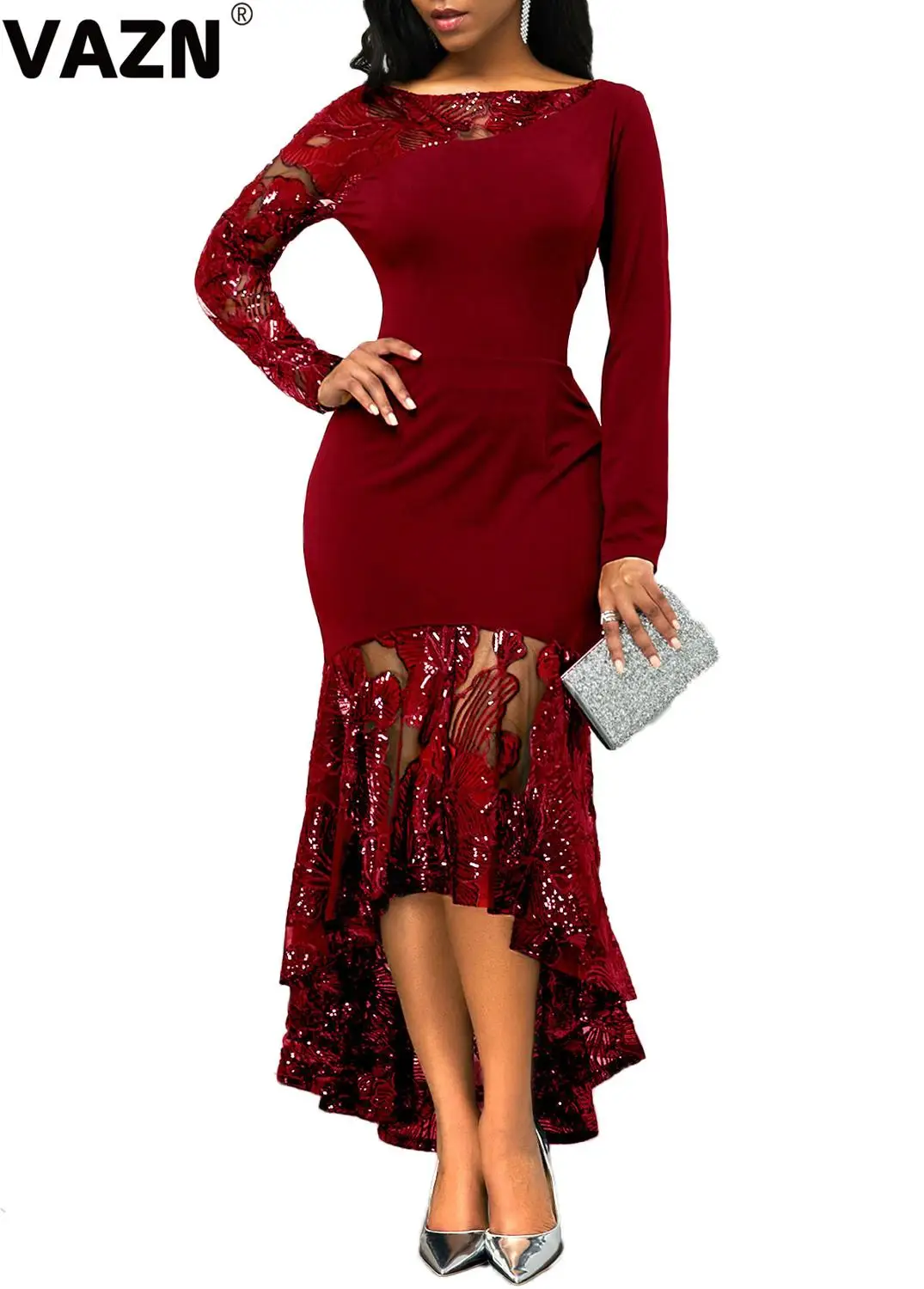 Платье с юбкой-годе VAZN длинное асимметричное платье винного цвета длинным