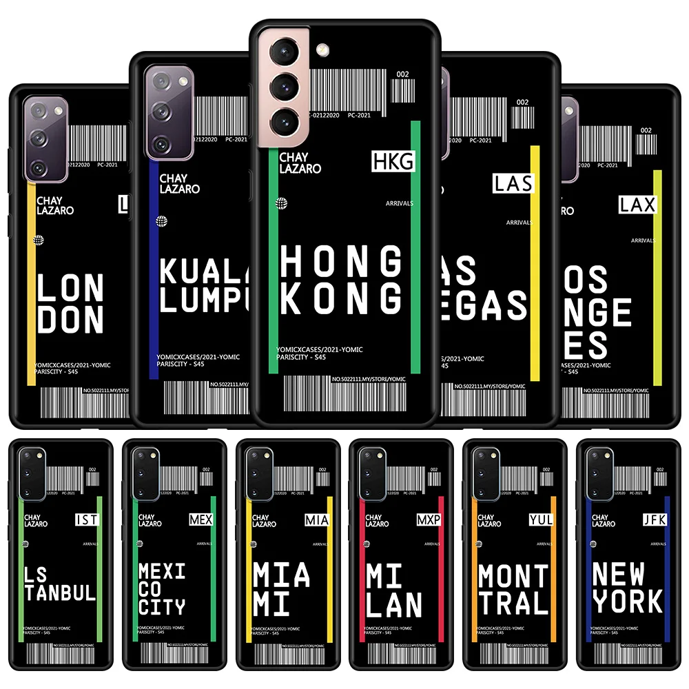 

Capa For Samsung Galaxy S20 FE S21 Ultra S10 S8 Plus S9 S10 Black Phone Case Cover Note 20Ultra Travel Airfare Label Ins City