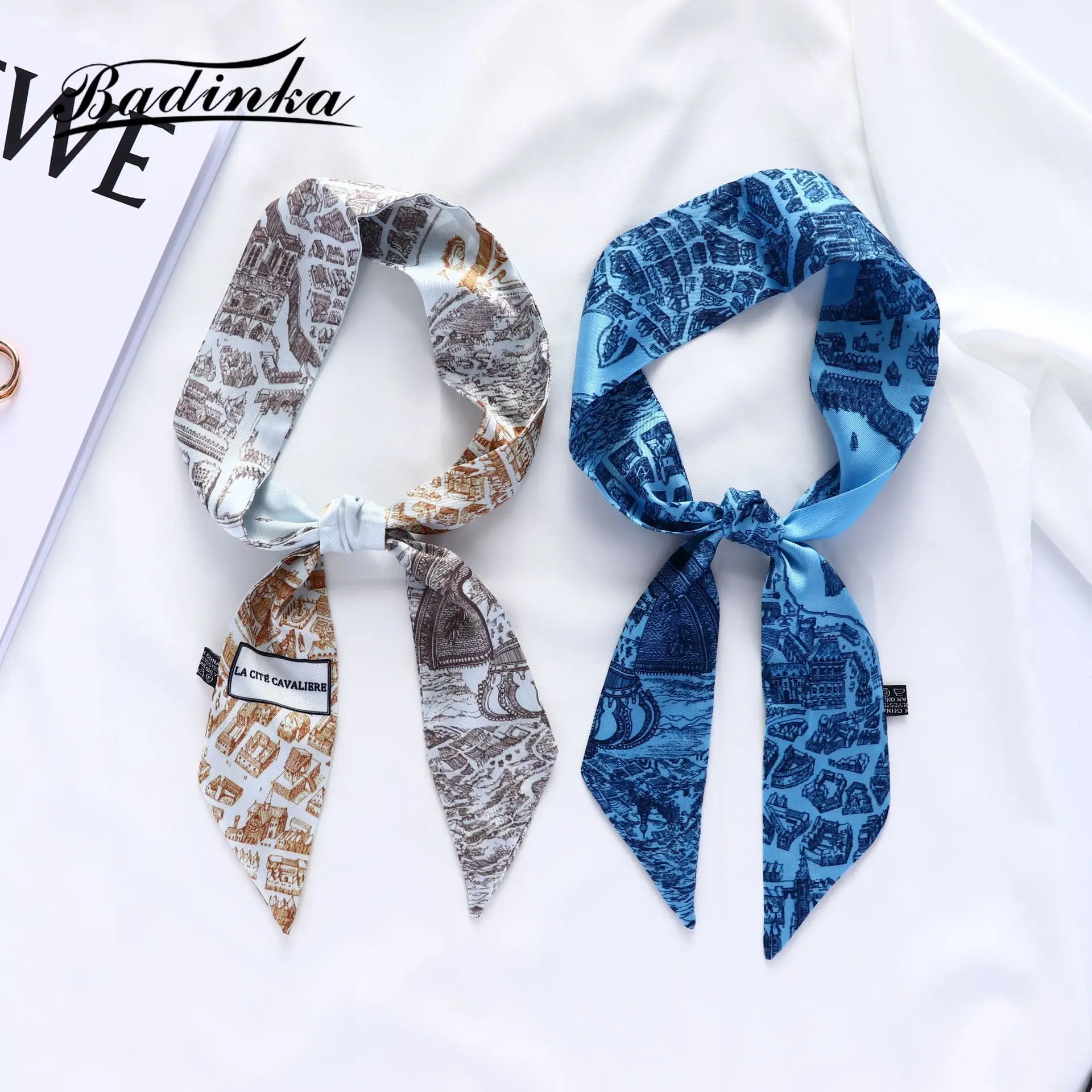 

Badinka 2022 New Summer Women's Long Skinny Silk Bag Handbag Decorate Scarf Women Luxury Hair Head Scarfs for Ladies Headbands