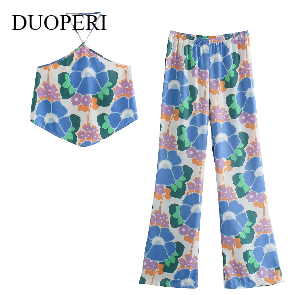 DUOPERI-Conjunto de dos piezas para mujer, Top corto informal con cuello Halter, pantalones de cintura elástica, Chic, y2k