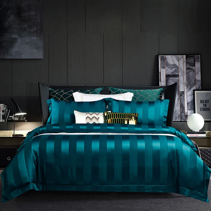 

1000TC Cotton Bedlinen stripe satin bed linen dark gray red,blue bedcover duvet cover pillowcase bedding set Bed Set
