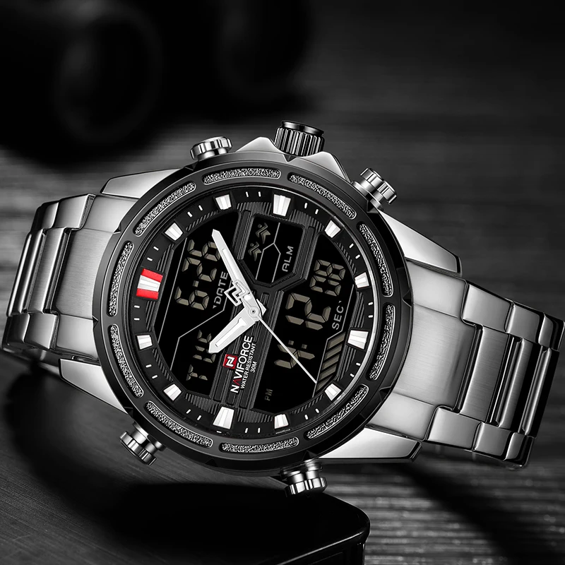 Часы наручные NAVIFORCE Мужские кварцевые роскошные полностью стальные цифровые