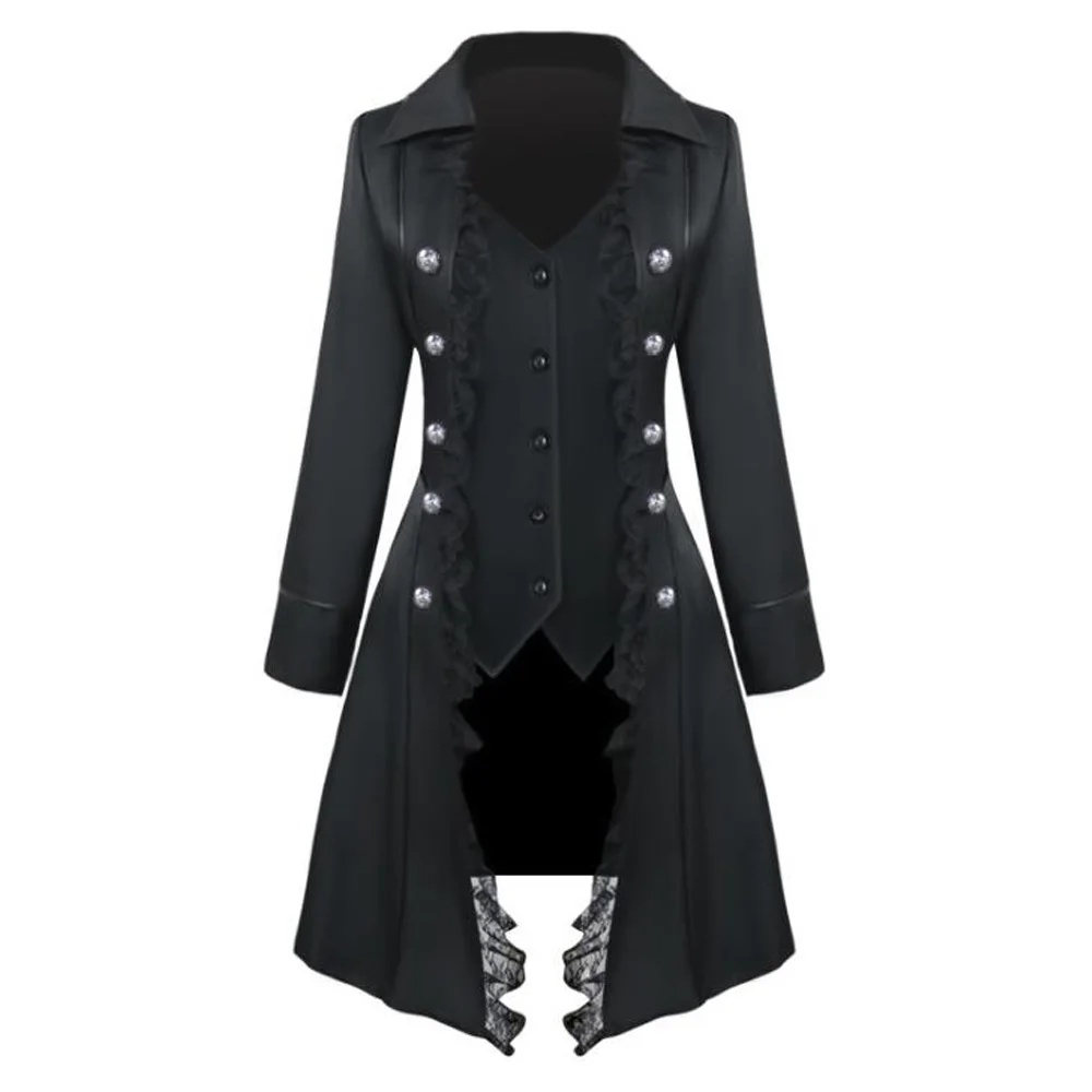 

Gothic Jacket Women Button Lace Front Victorian Coat Long Sleeve Steampunk Jacket Black Retro Renaissance Pirate Cosplay Costume