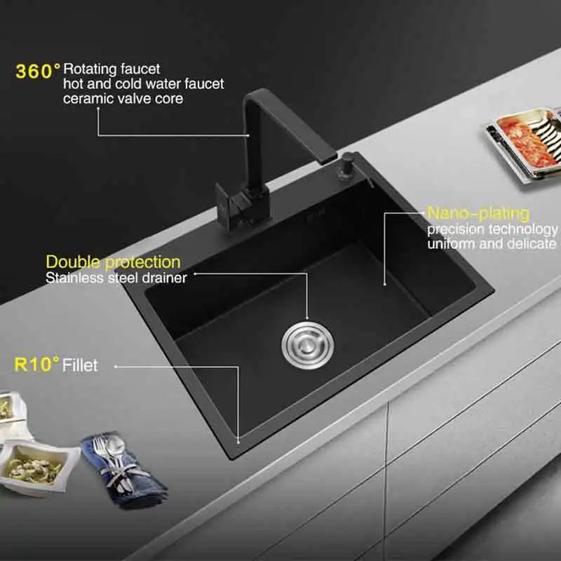 Kitchen sink black technology 304 stainless steel simple manual sink sink sink basket and sewer pipe free delivery