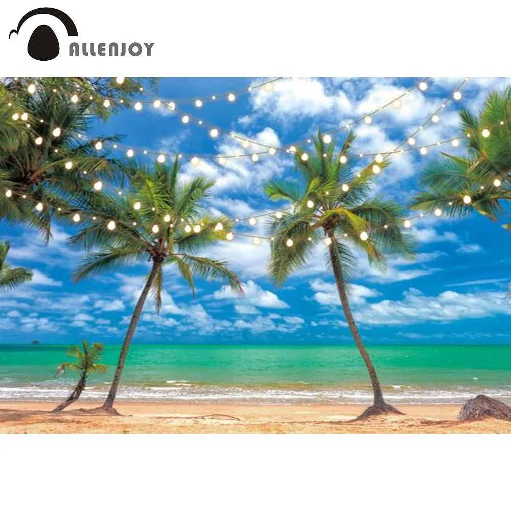 

Allenjoy Summer Beach Background Sea Sky Coconut Tree Lights Holiday Portrait Room Decoration Photo Backdrop Photography Props