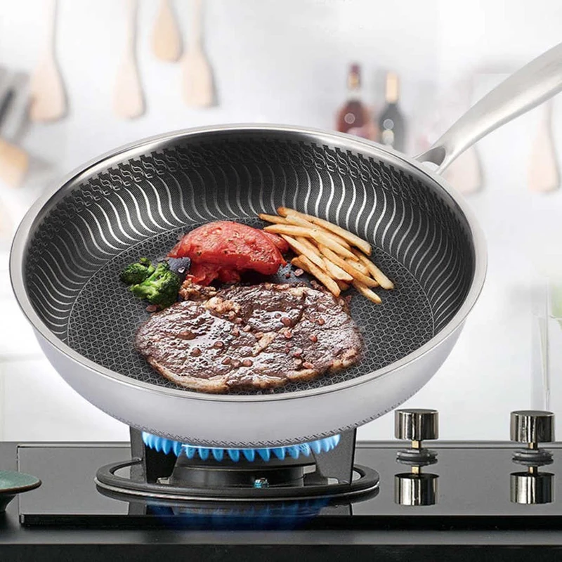 

Hot 304 Stainless Steel Frying Pan Non-Stick Pot 26CM Fried Steak Pot Saucepan Double-Sided Honeycomb Kitchenware