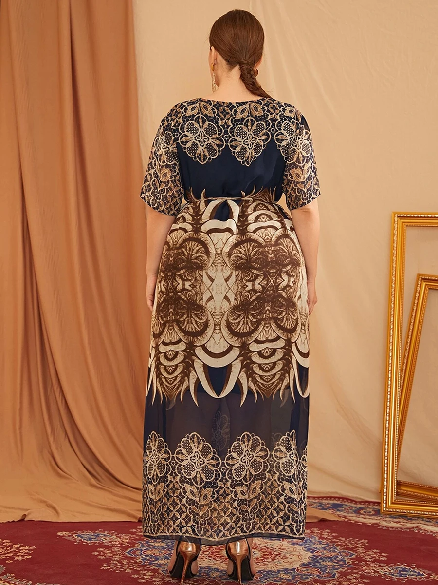 

Plus Size Women Summer Dress Female O Neck Short Sleeve Retro Printing Vintage Dress Loose Oversized Maxi Long Dresses