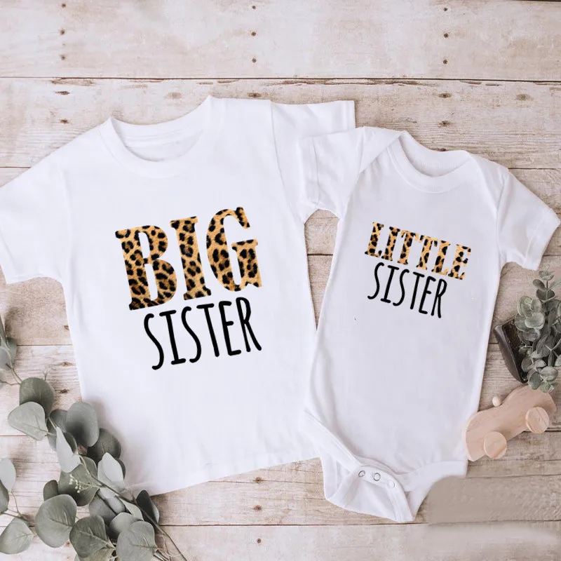 Big Sister Little Family Matching Outfits Clothes Fashion Leopard Print Kids T-shirts Girls T shirt Toddler Baby Rompers | Мать и ребенок