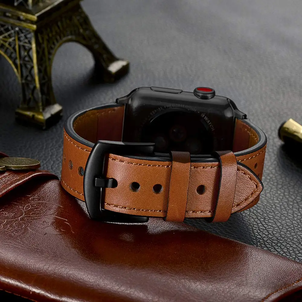 Ремешок кожаный для Apple watch band 44 мм 40 первый слой iWatch Band 42 38 браслет apple 4 5 3 2