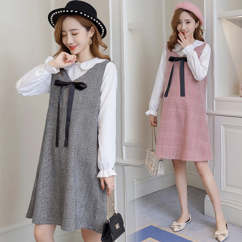 6596# 2PCS/Set Autumn Korean Fashion Maternity Dress Sweet Lovely Straight Loose Clothes for Pregnant Women Fall Pregnancy