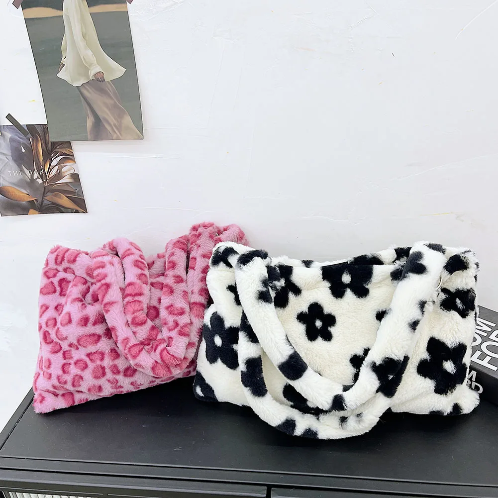 

Animal Pattern Printing Bags Fashion Plush Shoulder Shopper Bag Women Autumn Winter New Casual Style Large Capacity Tote Handbag