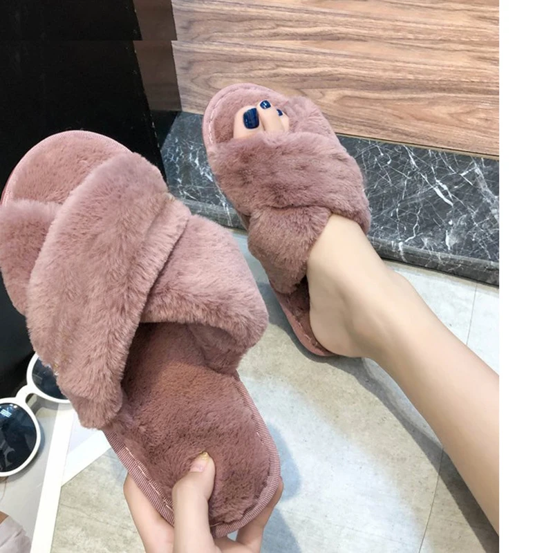 

Winter Women Faux Fur Slipper House Warm Shoes Woman Slip on Flats Female Slides 36-43 wholesale Furry Slippers 11colors