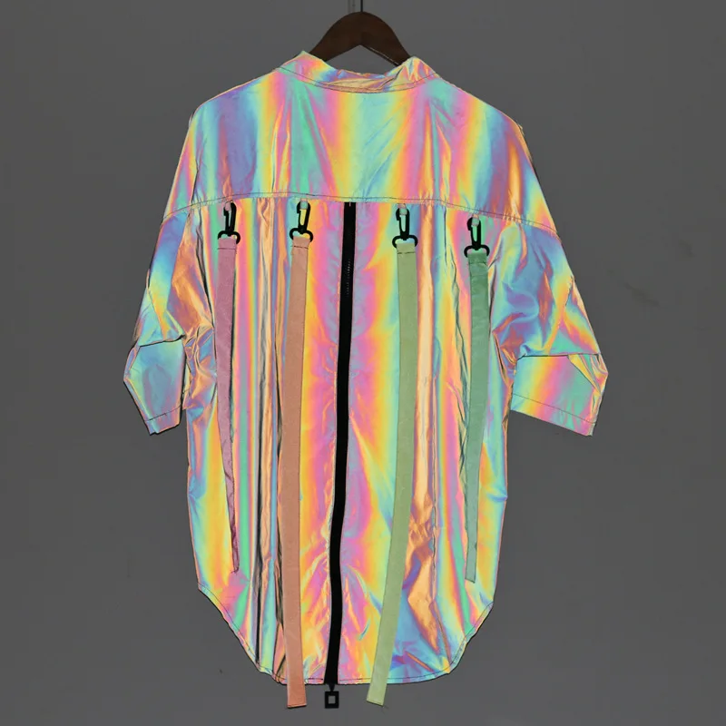 

Colorful Reflective Outdoor Dance Leisure Oversize Shirts Men Removable Taps Cool Hip-hop Streetwear Short-sleeve Shirts S-XL