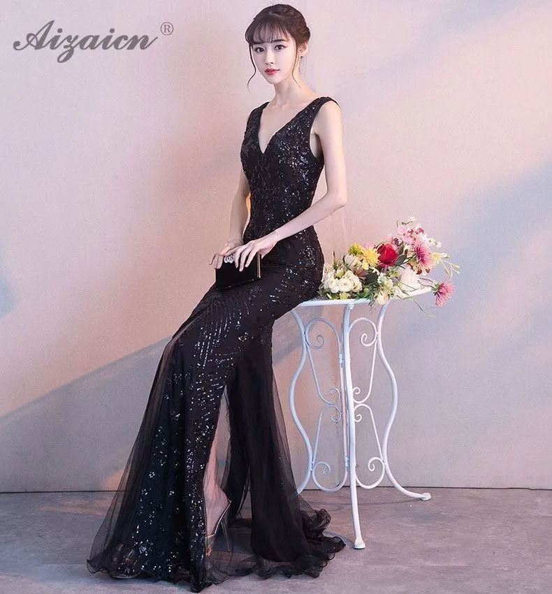 Черные вечерние платья с глубоким v-образным вырезом Qipao Promtion Cheongsam современные Вечерние платья Русалка Qi Pao женское китайское платье халат