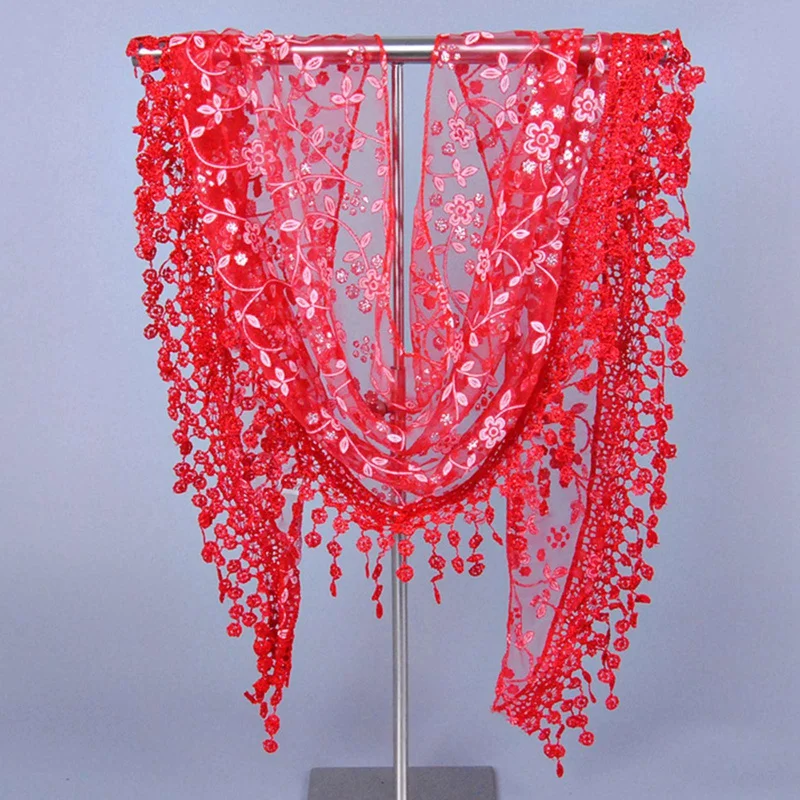 

Floral Hollow Lace Triangle Scarves Lady Print Scarf Shawl Women Solid Tassel Hijab Bohemian Girls Costume Accessories
