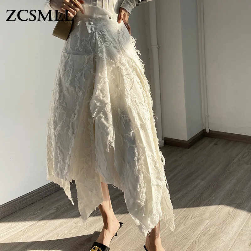 

ZCSMLL Irregular Ruffles Dobby Asymmetrical High Waist Tassels Halfbody Skirt Female Bottoms Women Fashion Tide 7B0011201