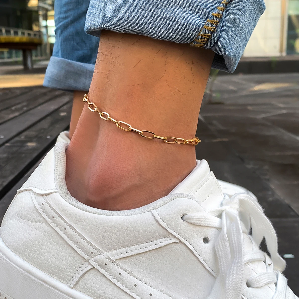 IngeSight.Z Simple Minimalist Gold Color Chain Anklets Flat 