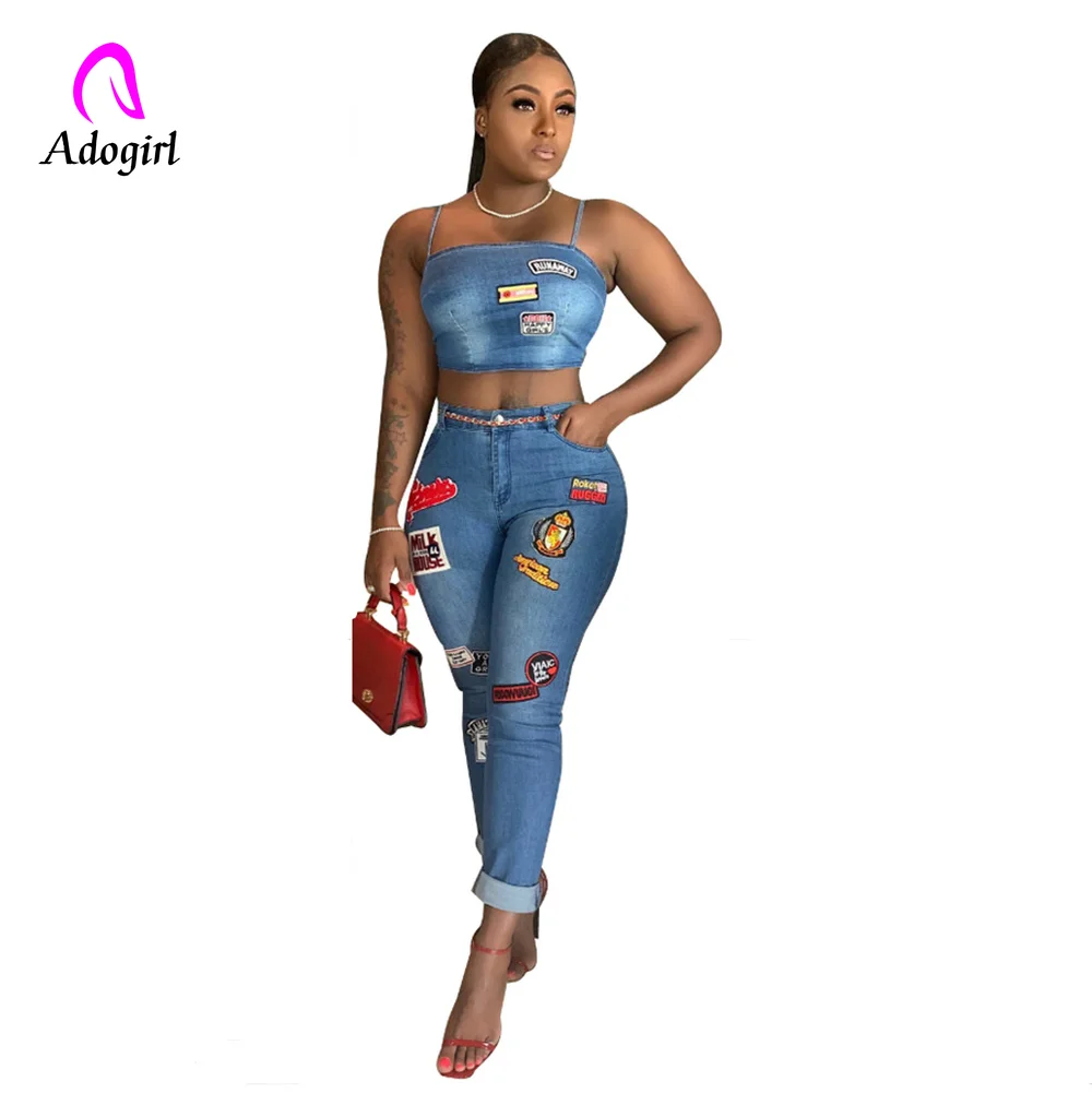 Женский джинсовый костюм Adogirl повседневный из двух предметов потертые джинсы на