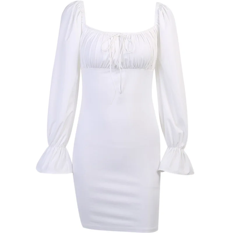

Dresses Summer Woman 2021 Sexy Square Collar One-Line Shoulder Pleated Chest Long Sleeve White Dress Lantern Sleeve Strapless