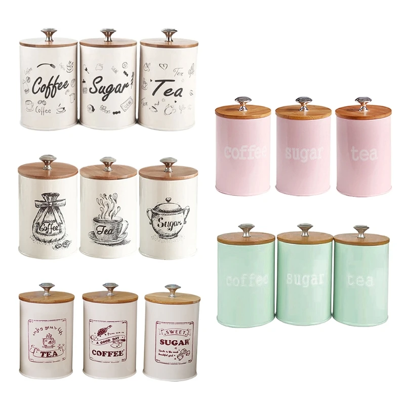 

3pcs Wood Lid Iron Airtight Canister Kitchen Storage Bottles Jars Food Container X7JE